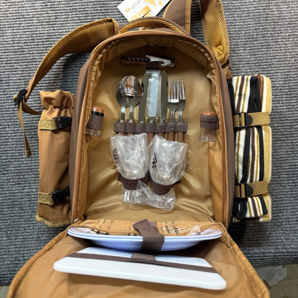 Apollo Walker Picnic Backpack for 2 with Blanket and Wine Cooler Brown Striped - Picture 2 of 5